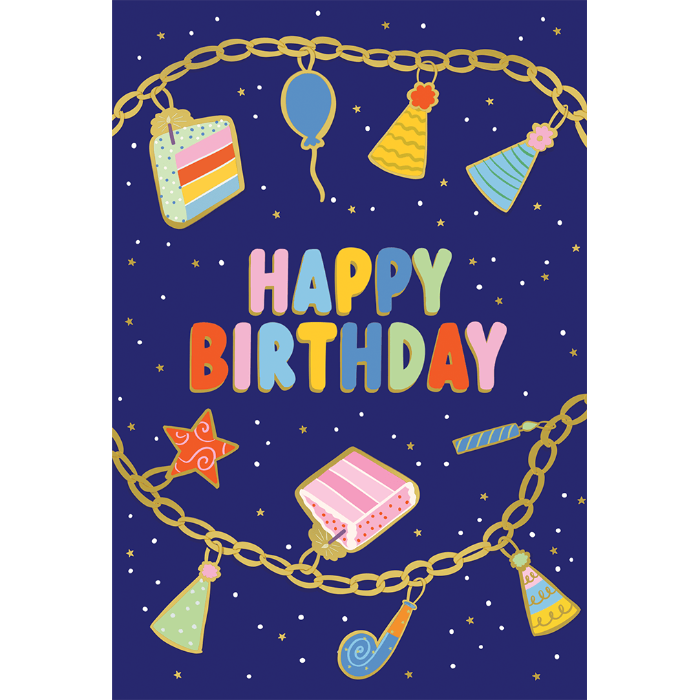 Festive Charms birthday card from Cardmore featuring colorful birthday-themed illustrations on a cheerful everyday card.